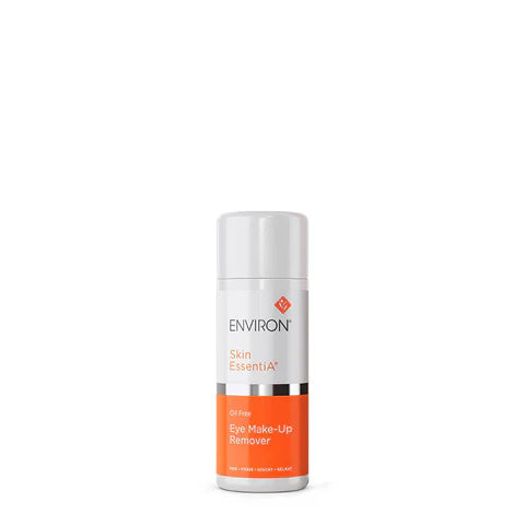 Environ Oil-Free Eye Make-Up Remover bottle showing clear liquid and label, designed for gentle eye makeup removal.