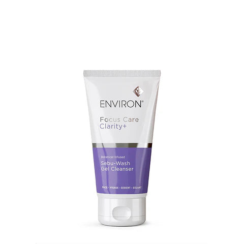 Environ Botanical Infused Sebu-Wash Gel Cleanser in a clear bottle with a pump dispenser, featuring green and white labeling.