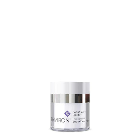Environ Hydroxy Acid Sebu-Clear Masque in a 50ml jar, featuring a creamy formula for clarifying and exfoliating skin.