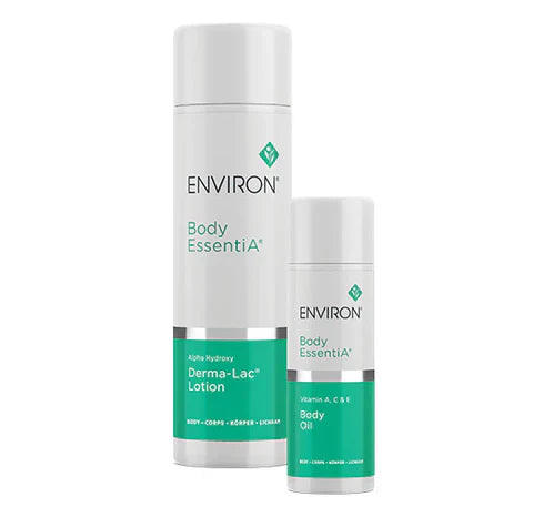 Environ Body Kit with Derma-Lac Lotion, Vitamin A C E Oil, and hydrating skincare products for body nourishment and rejuvenation.