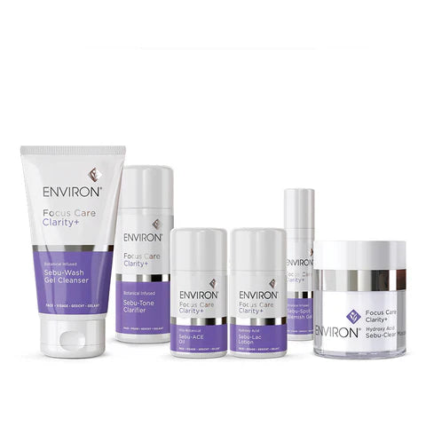 Environ Clarity+ Kit for problematic skin with all Clarity+ products, featuring cleansers, serums, and skincare solutions.