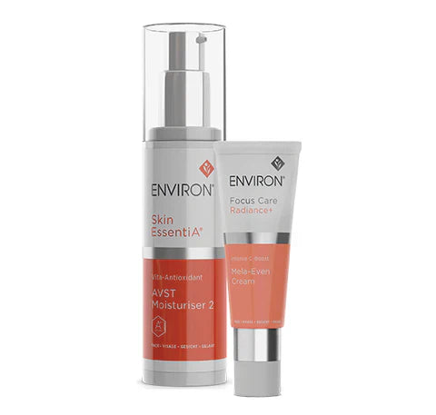 Environ SE Kit #2 with Intense C-Boost Mela-Even Cream, skincare set for brightening and skin tone correction, featuring multiple skincare products.
